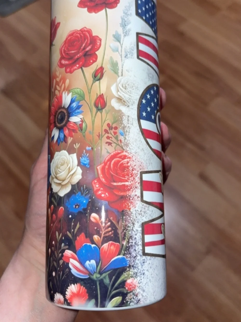 Patriotic Red, White & Blue 'MOM' Travel Tumbler - USA Flag Design roses